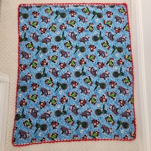 Thomas & Friends Fleece Baby Blanket Blue Red Crochet Edge Trains Percy James